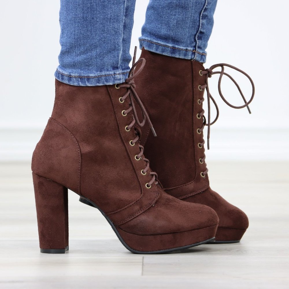 Brown Faux Suede Lace-Up Block High Heeled Platform Ankle Boots - Picture 2 of 11